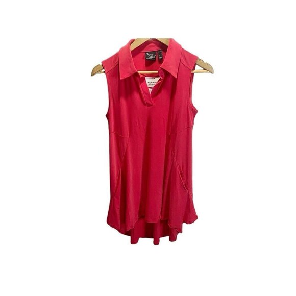 Women With Control Red XSP Tunic Collared V Neck Pockets Sleeveless Hi Low Hem - Picture 1 of 4